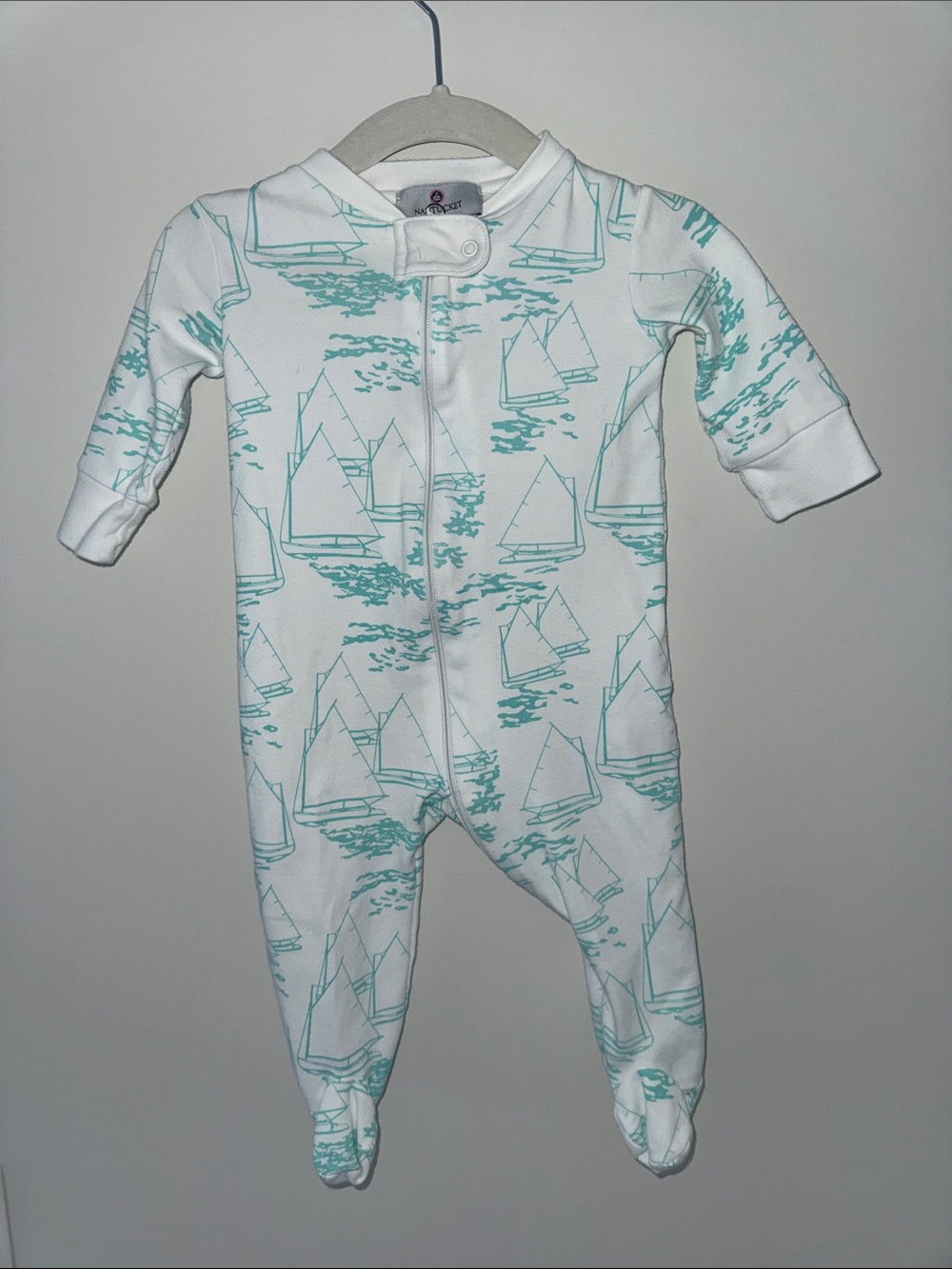 Baby Footed Sleeper in White with Teal Sailboat Print